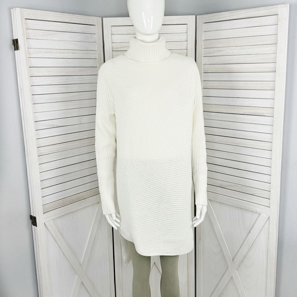 Express Ribbed Asymmetrical Hem Split Side Tunic Sweater Cream Large Turtle Neck